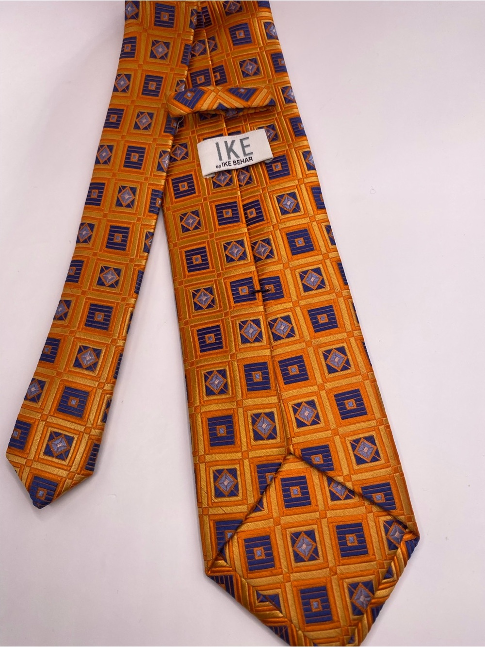 Ike Behar Orange and Blue Geometric Silk Tie - Picture 2 of 6